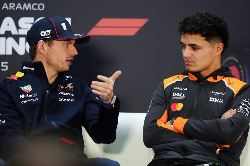 Red Bull driver Max Verstappen and McLaren driver Lando Norris on day two of pre-season testing at the Bahrain International Circuit, Sakhir. Picture date: Thursday February 27, 2025. PA Photo. See PA story AUTO Bahrain. Photo credit should read: David Davies/PA Wire. RESTRICTIONS: Use subject to restrictions. Editorial use only, no commercial use without prior consent from rights holder.