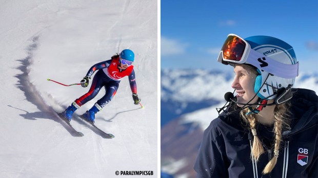 Two alpine skiers; one racing downhill, the other in profile.