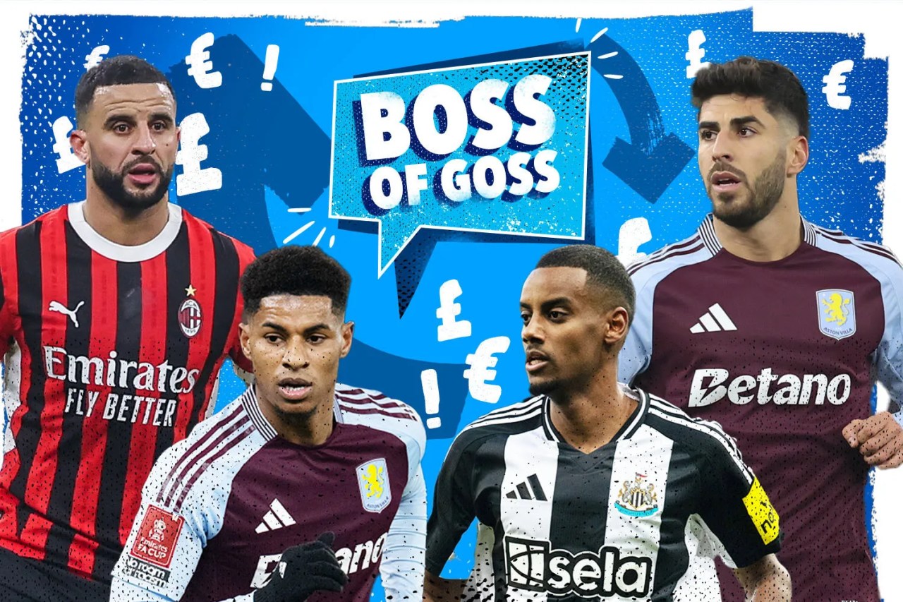 Illustration of four soccer players with &quot;Boss of Goss&quot; text and currency symbols.