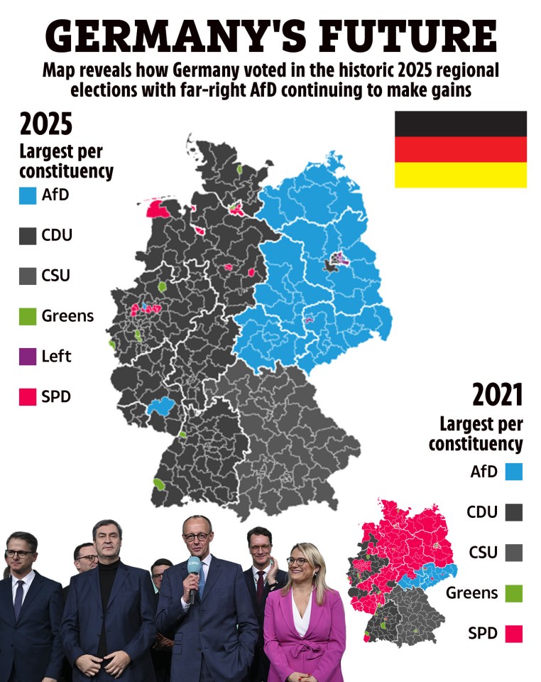 Illustration of Germany's 2025 and 2021 regional election results by constituency, showing AfD gains.