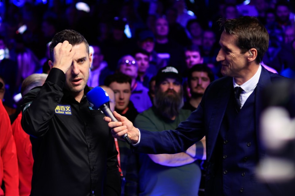 LLANDUDNO, WALES - FEBRUARY 16: Mark Selby (L) of England receives an interview after winning the Final match against Stephen Maguire of Scotland on day seven of BetVictor Welsh Open 2025 at Venue Cymru on February 16, 2025 in Llandudno, Wales. (Photo by Tai Chengzhe/VCG via Getty Images)