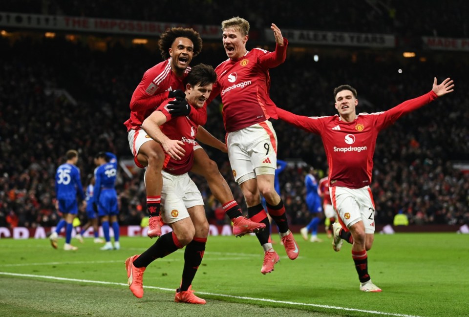 MANCHESTER, ENGLAND - FEBRUARY 07: Harry Maguire of Manchester United celebrates scoring his team's second goal with team mates Joshua Zirkzee and Rasmus Hojlund during the Emirates FA Cup Fourth Round match between Manchester United and Leicester City at Old Trafford on February 07, 2025 in Manchester, England. (Photo by Gareth Copley/Getty Images)