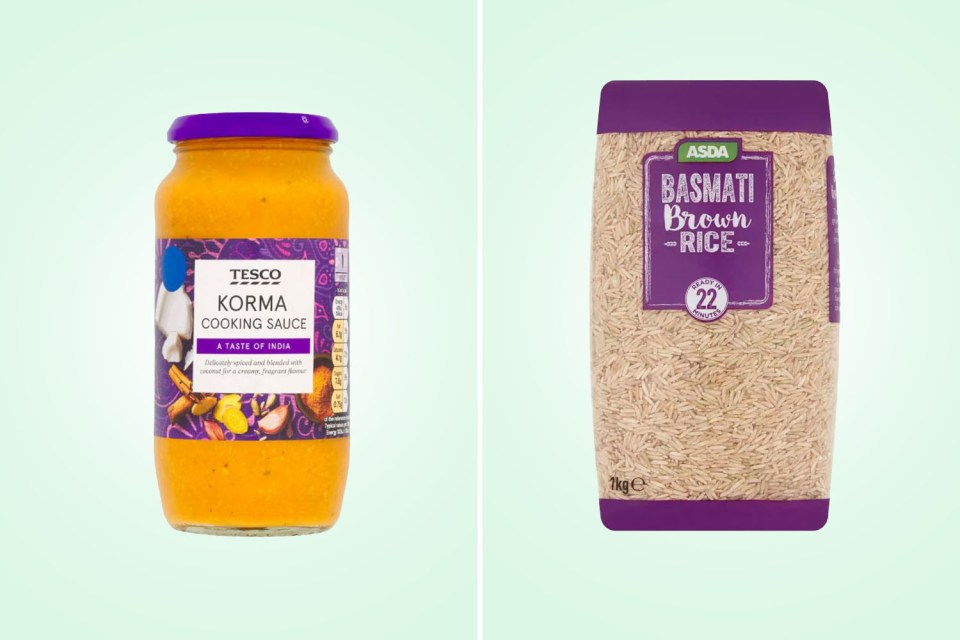 Tesco Korma cooking sauce and a bag of Asda Basmati Brown rice.