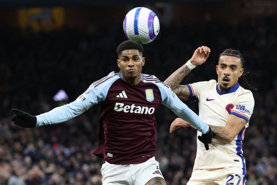 Aston Villa's English striker #09 Marcus Rashford (L) vies with Chelsea's French defender #27 Malo Gusto (R) during the English Premier League football match between Aston Villa and Chelsea at Villa Park in Birmingham, central England on February 22, 2025. (Photo by Darren Staples / AFP) / RESTRICTED TO EDITORIAL USE. No use with unauthorized audio, video, data, fixture lists, club/league logos or 'live' services. Online in-match use limited to 120 images. An additional 40 images may be used in extra time. No video emulation. Social media in-match use limited to 120 images. An additional 40 images may be used in extra time. No use in betting publications, games or single club/league/player publications. /  (Photo by DARREN STAPLES/AFP via Getty Images)