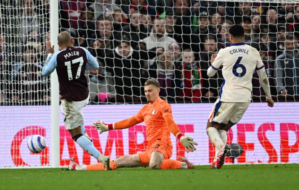 BIRMINGHAM, ENGLAND - FEBRUARY 22: Filip Jorgensen of Chelsea makes a save from Donyell Malen of Aston Villa during the Premier League match between Aston Villa FC and Chelsea FC at Villa Park on February 22, 2025 in Birmingham, England. (Photo by Darren Walsh/Chelsea FC via Getty Images)