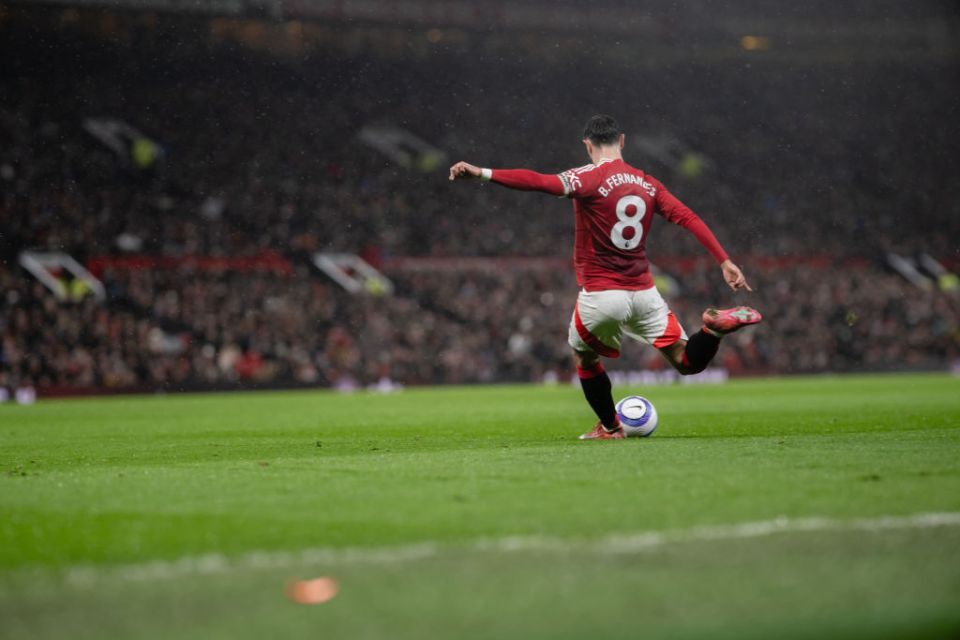 MANCHESTER, ENGLAND - FEBRUARY 26: Bruno Fernandes of Manchester United takes a free kick during the Premier League match between Manchester United FC and Ipswich Town FC at Old Trafford on February 26, 2025 in Manchester, England. (Photo by Ash Donelon/Manchester United via Getty Images)