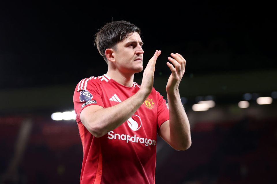 MANCHESTER, ENGLAND - FEBRUARY 26: Harry Maguire of Manchester United acknowledges the fans after the Premier League match between Manchester United FC and Ipswich Town FC at Old Trafford on February 26, 2025 in Manchester, England. (Photo by Alex Livesey/Getty Images)