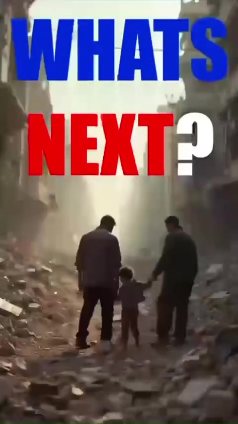 Family walks through rubble, text overlay: What's Next?