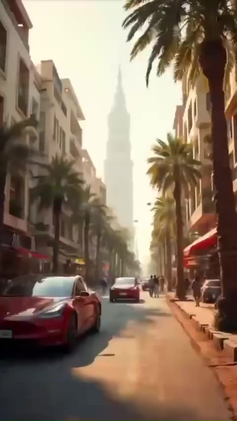 Red Tesla driving down a city street lined with palm trees and buildings, a tall tower in the distance.