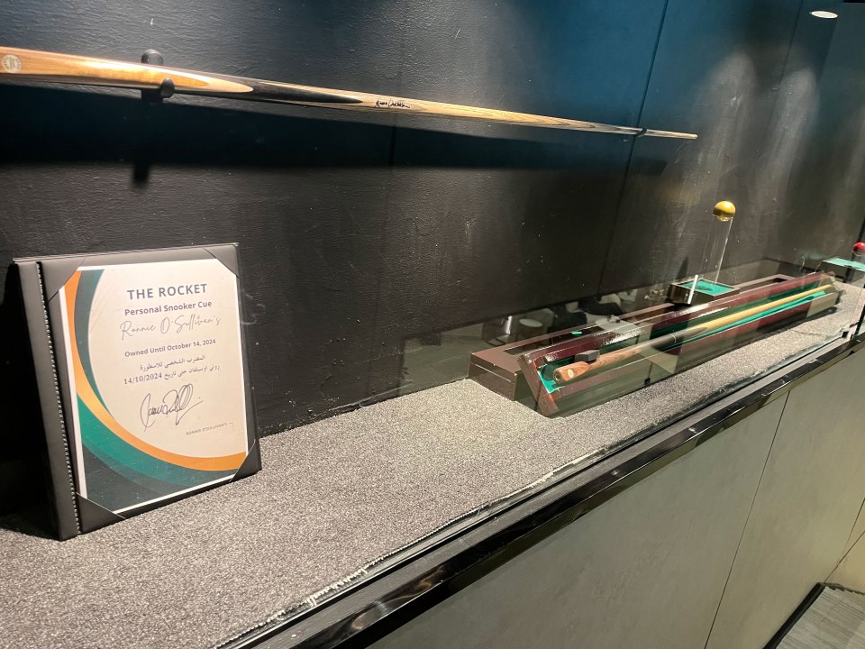 Ronnie O'Sullivan's snooker cue and a display case with a certificate.