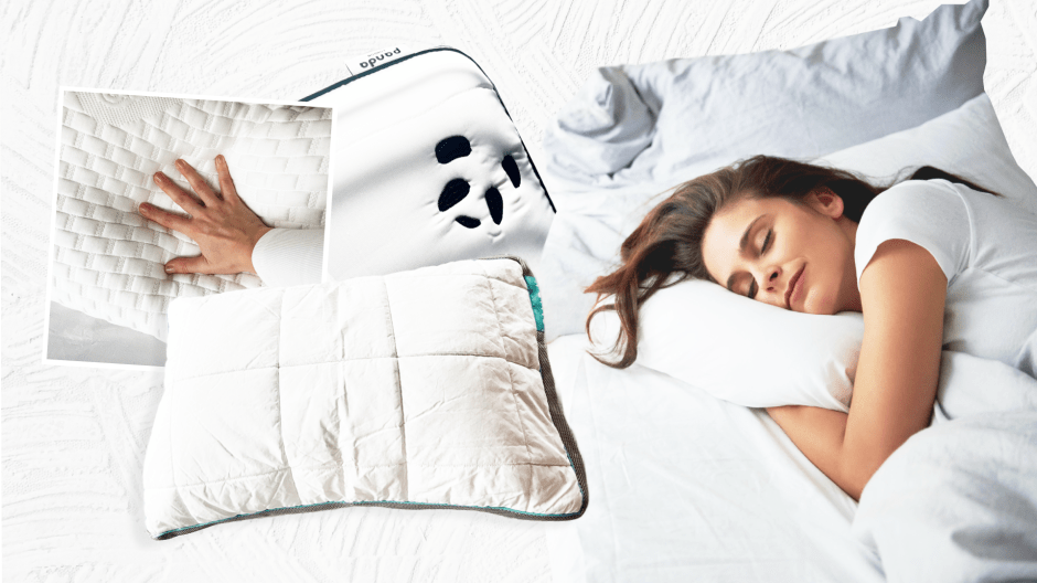 Collage of pillows and a woman sleeping.