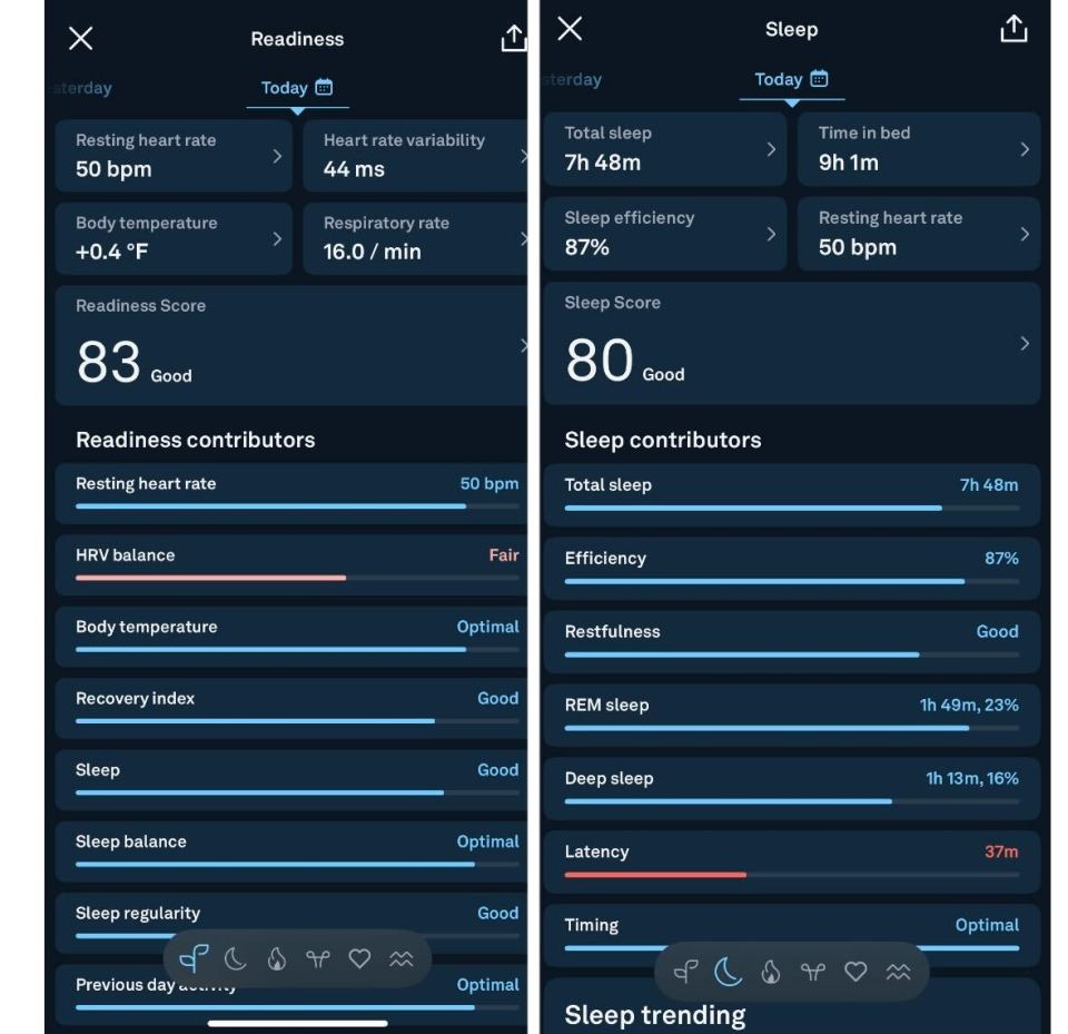 Oura app showing readiness and sleep data.