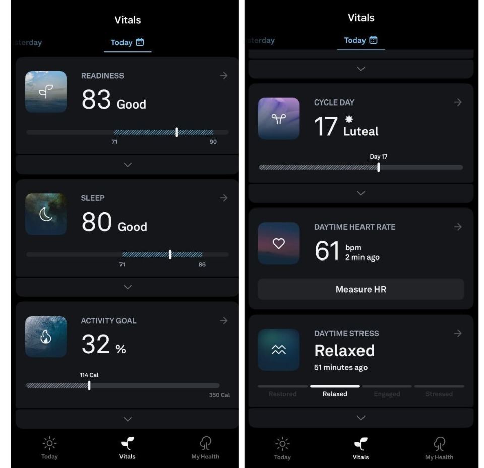Oura app showing readiness, sleep, activity, cycle day, heart rate, and stress levels.