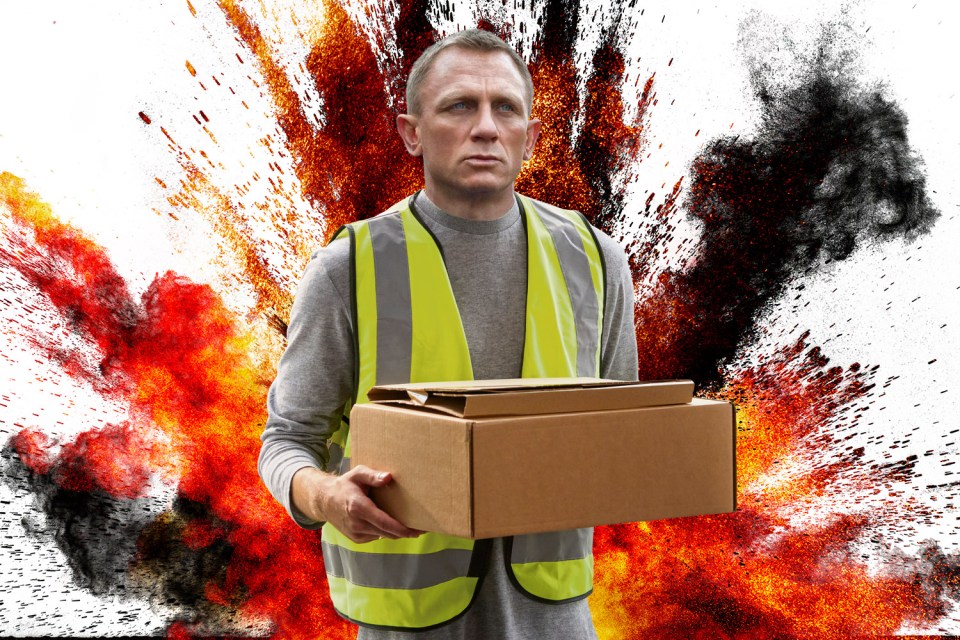 Man in a safety vest carrying a box against a background of an explosion.