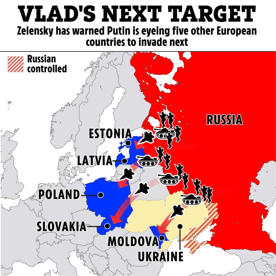Illustration of a map showing potential targets of a Russian invasion.