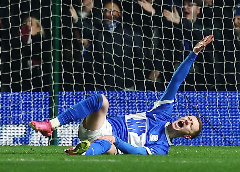 EDITORIAL USE ONLY No use with unauthorised audio, video, data, fixture lists, club/league logos or "live" services. Online in-match use limited to 120 images, no video emulation. No use in betting, games or single club/league/player publications. Mandatory Credit: Photo by Matt West/REX/Shutterstock (15157212al) Jay Stansfield of Birmingham City goes down injured Birmingham City v Bradford City, EFL Vertu Trophy, Semi Final, Football, St Andrews's, Birmingham, UK - 18 Feb 2025