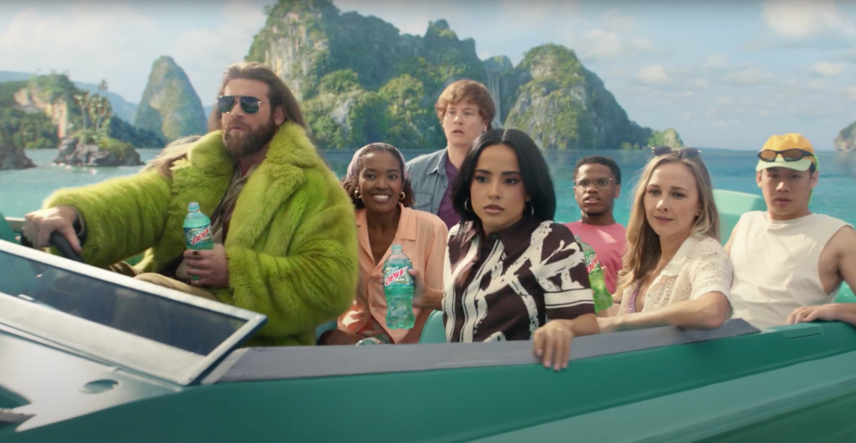 Screenshot of a group of people on a boat, enjoying Mountain Dew.