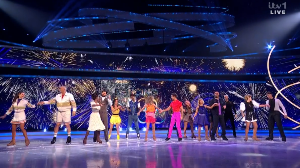 Screenshot of Dancing on Ice contestants on the ice.