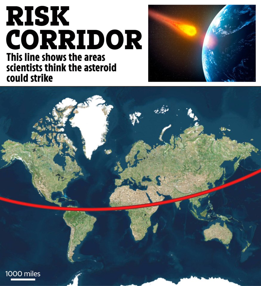 Map showing the potential impact zone of an asteroid.