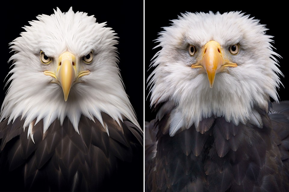 Two bald eagles facing forward.