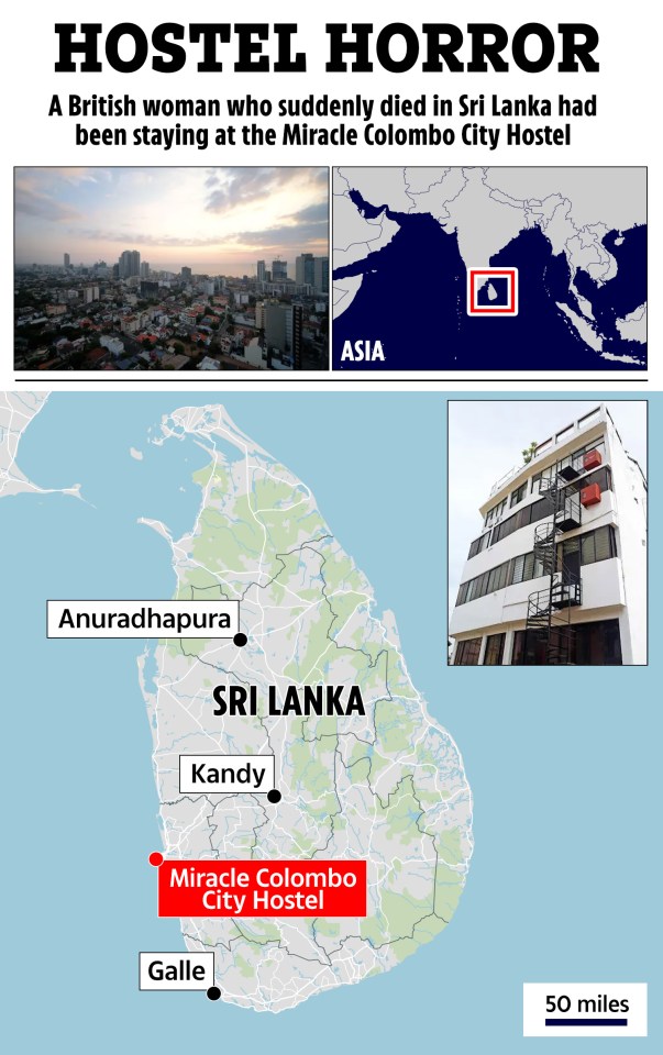 Map of Sri Lanka showing the location of the Miracle Colombo City Hostel, where a British woman died.