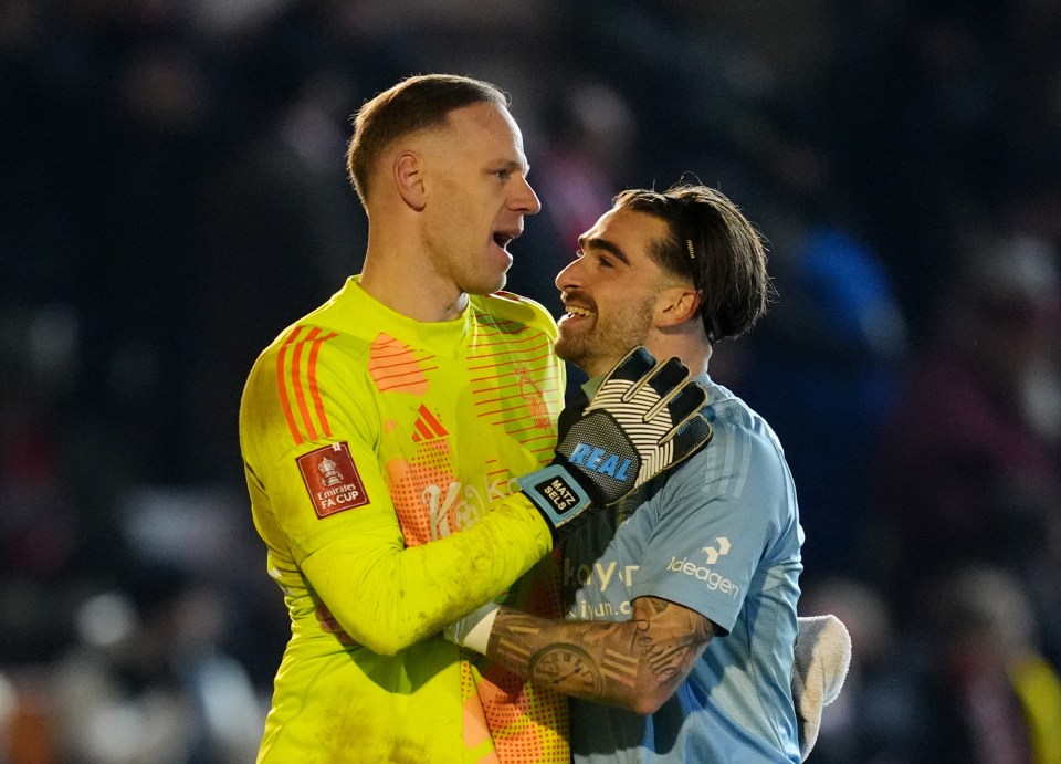 Nottingham Forest goalkeeper Matz Sels and Jota Silva embrace after a penalty shootout win.