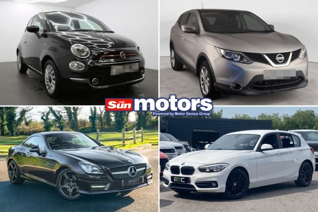 Collage of four cars: a Fiat 500, a Nissan Qashqai, a Mercedes-Benz SLK-Class, and a BMW 1 Series.
