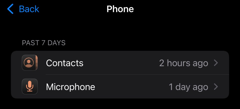 Phone app privacy settings showing Contacts access 2 hours ago and Microphone access 1 day ago.