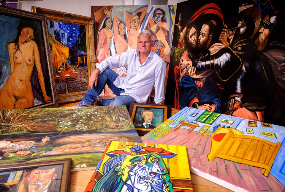 Art forger David Henty with his forgeries.