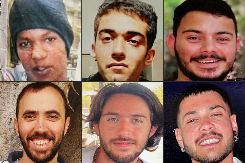Collage of six Israeli hostages released from the Gaza Strip.