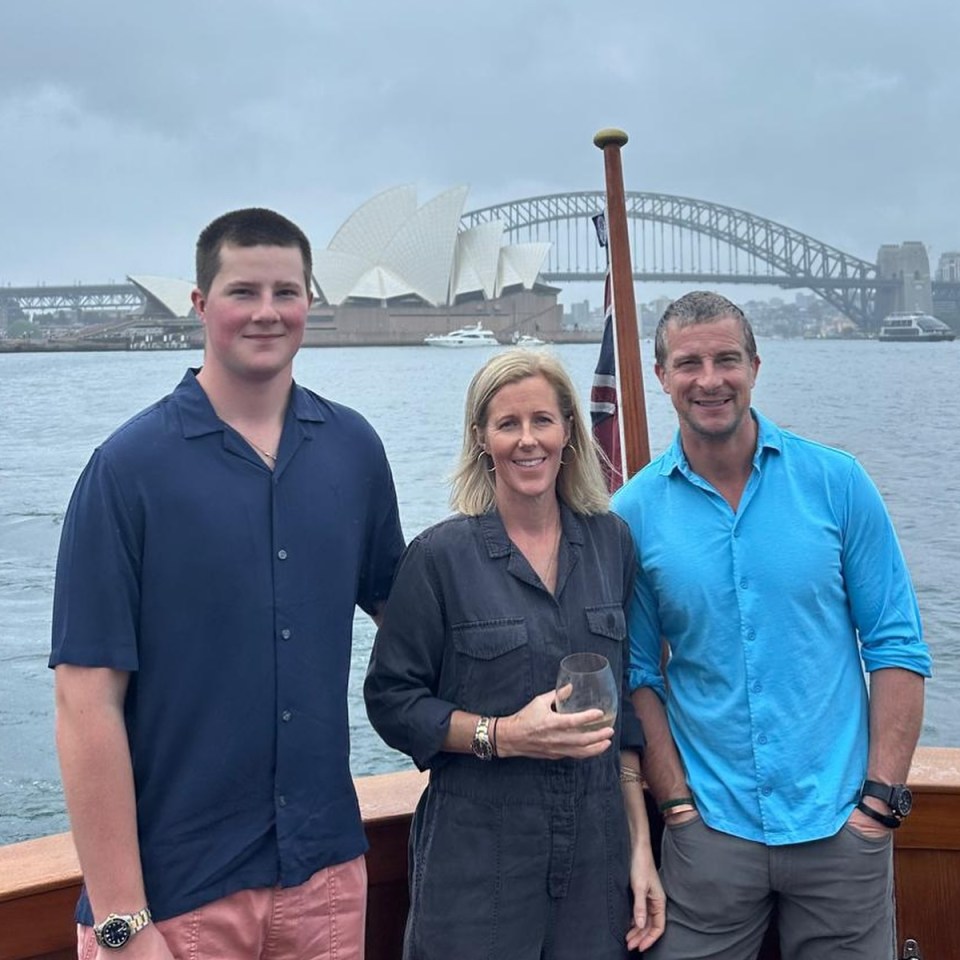 Bear Grylls with his family on a boat in Sydney Harbour.