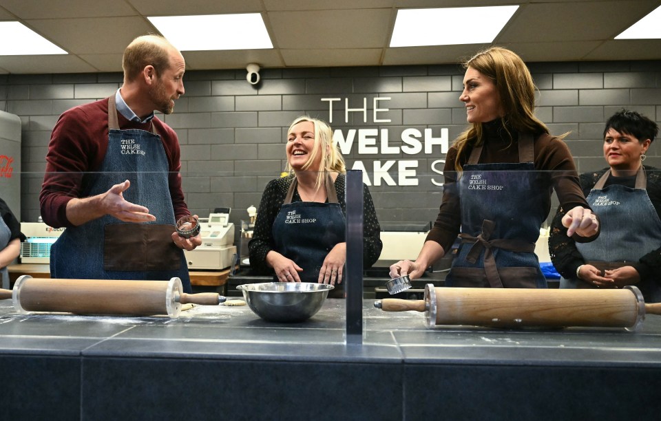 Prince William and Catherine, Princess of Wales, making Welsh cakes at a market.