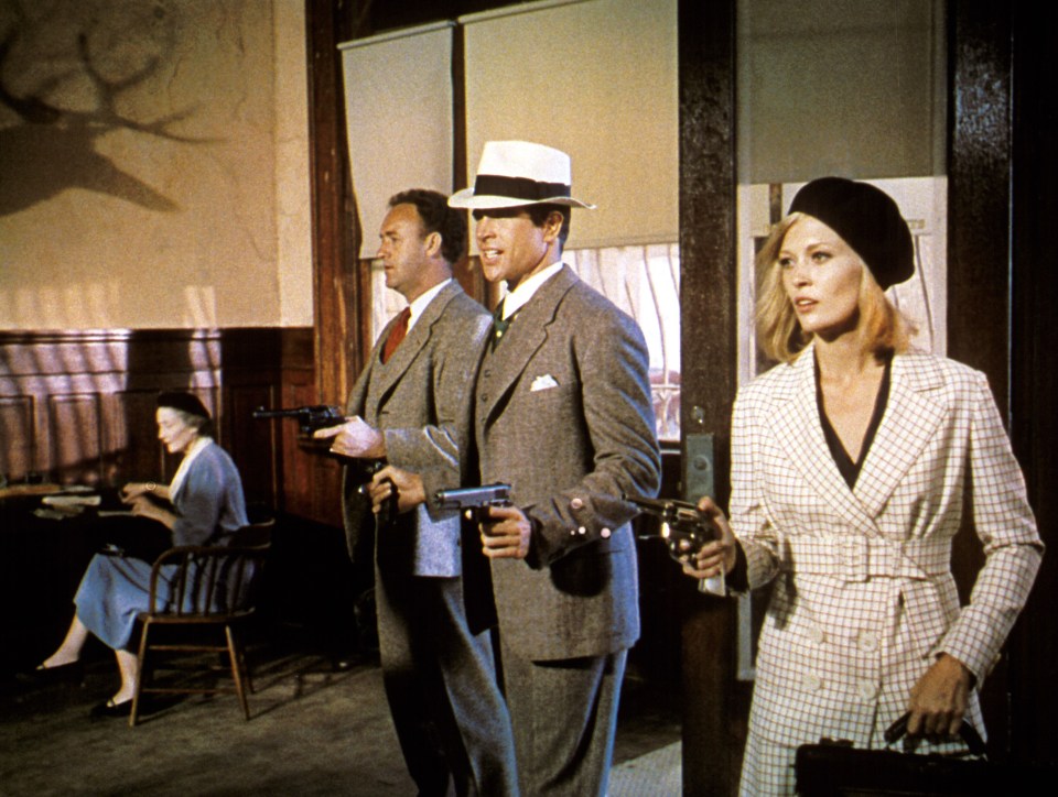 Scene from Bonnie and Clyde (1967) featuring Gene Hackman, Warren Beatty, and Faye Dunaway.