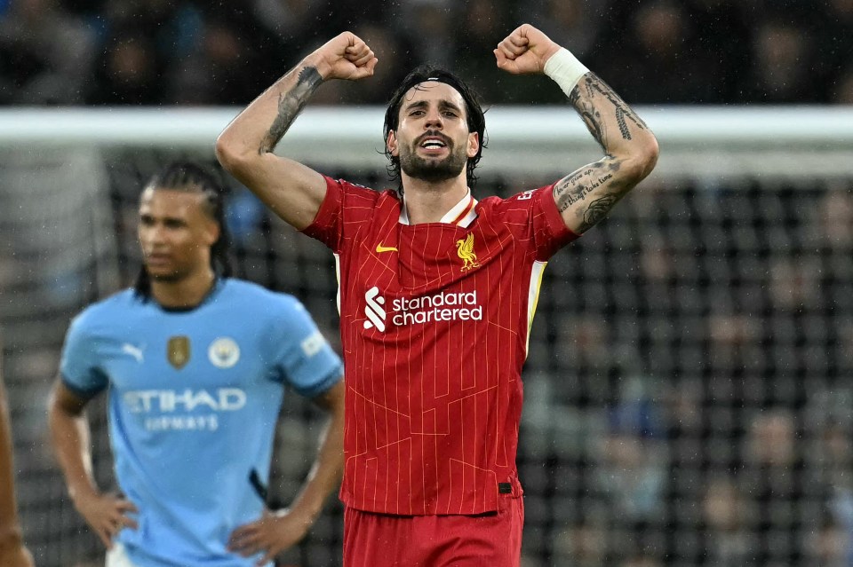 Dominik Szoboszlai celebrates scoring Liverpool's second goal.