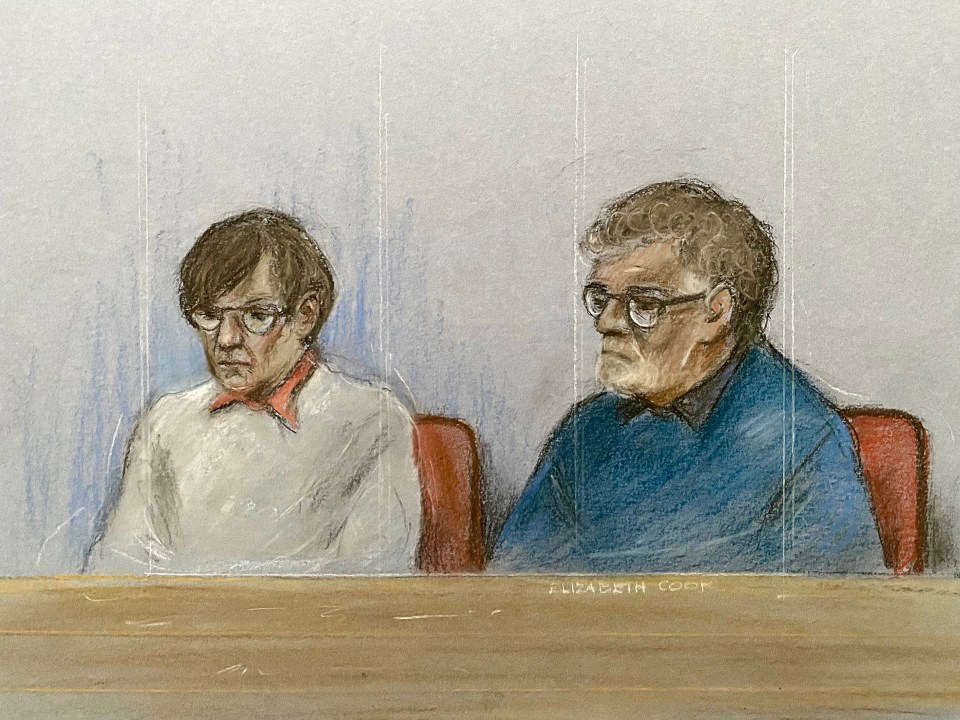 Court sketch of Margaret and Allen Morgan, suspects in a conspiracy to murder.