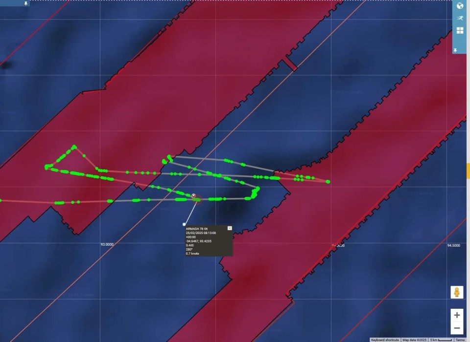 Map showing the route of the Armada 78, an offshore support vessel, during the final search for MH370.