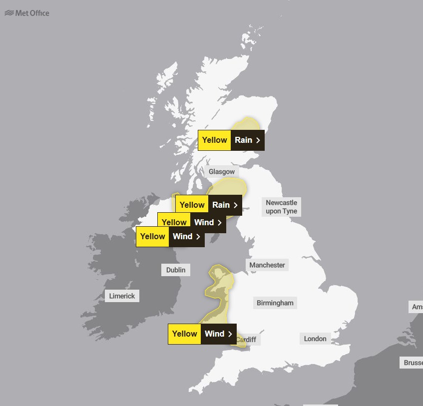 Map of UK highlighting areas with yellow weather warnings for rain and wind.