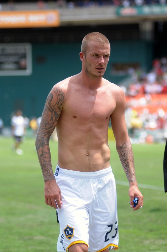 David Beckham shirtless after an LA Galaxy soccer game.