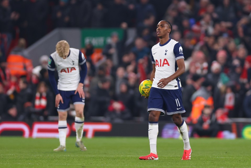 Dejected Mathys Tel of Tottenham Hotspur during a soccer match.