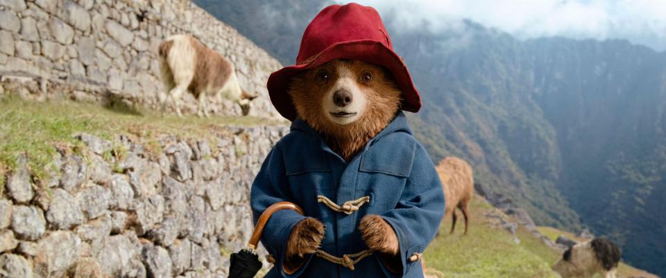Paddington Bear in Peru, wearing a red hat and blue coat.