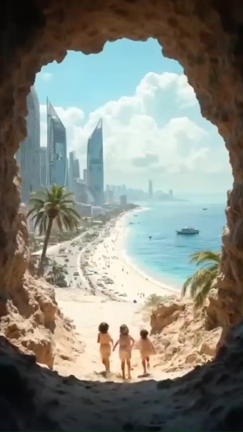 Illustration of three children running toward a beach and city viewed through a cave opening.