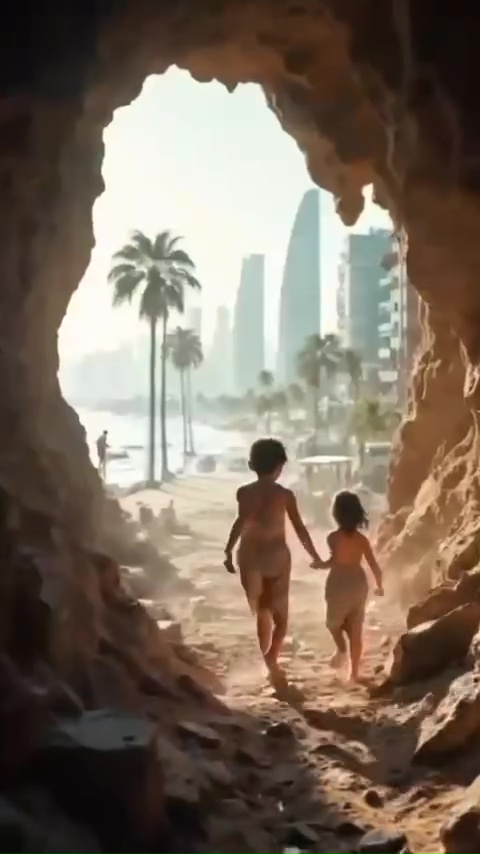 AI-generated image of two children walking out of a cave toward a beach and city skyline.