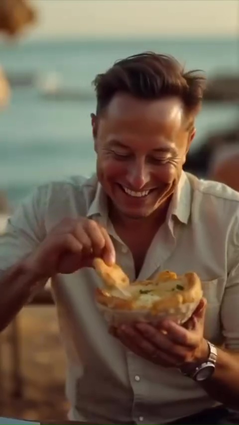 Man happily eating a bread bowl.