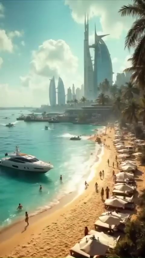 AI-generated image of a rebuilt Gaza Riviera beach with luxury hotels and yachts.