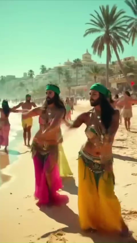 Two people belly dancing on a beach.