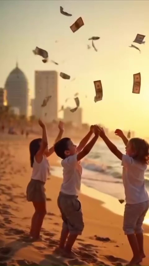 Three children joyfully reach for money falling from the sky on a beach.