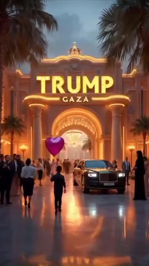 Illustration of a Trump Gaza entrance with a Rolls Royce and people.