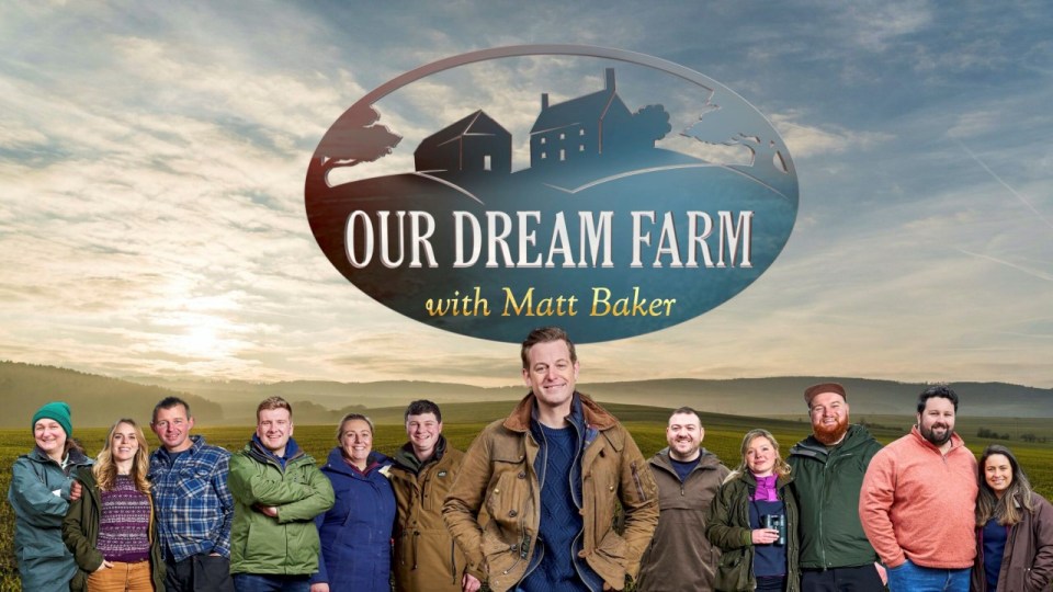Promotional image for the TV show "Our Dream Farm with Matt Baker," featuring Matt Baker and a group of people in a field.