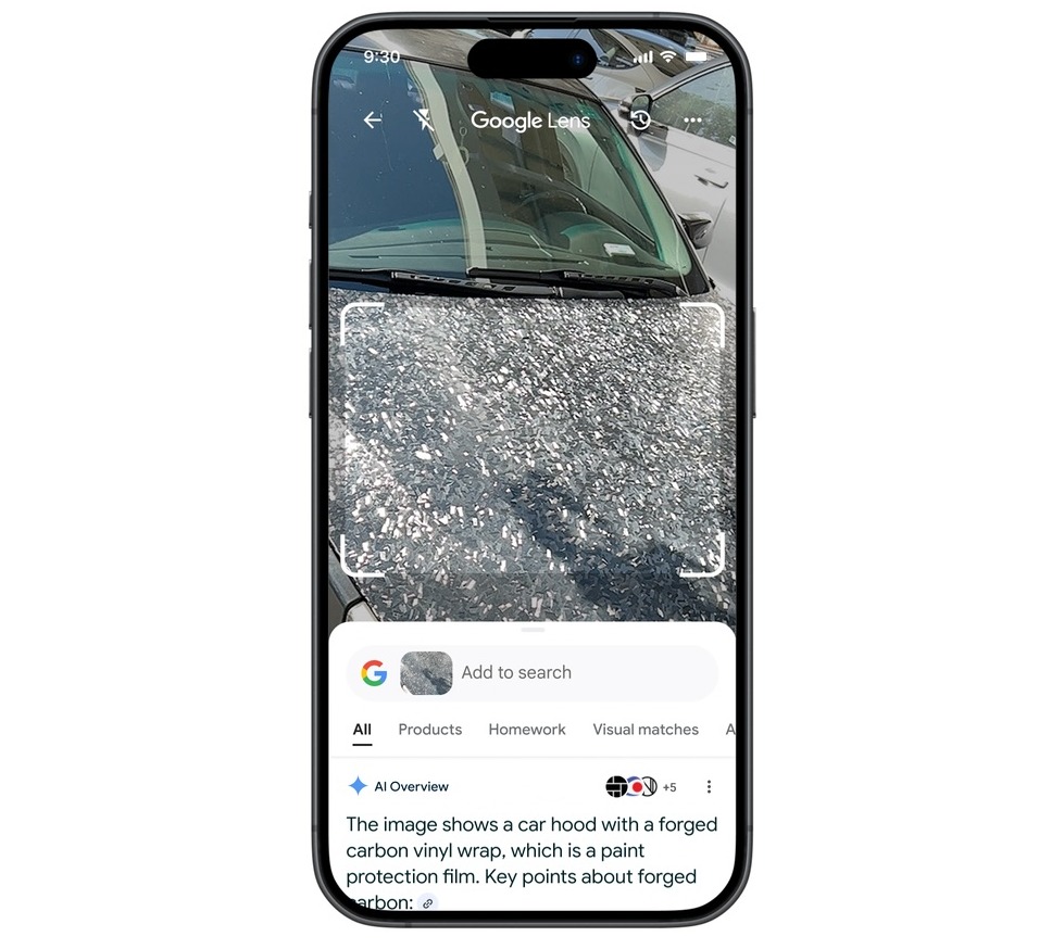 Google Lens identifying a car hood with a forged carbon vinyl wrap.