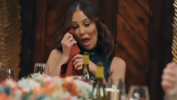 Screenshot of a woman crying at a dinner table on Married at First Sight, Channel 4.